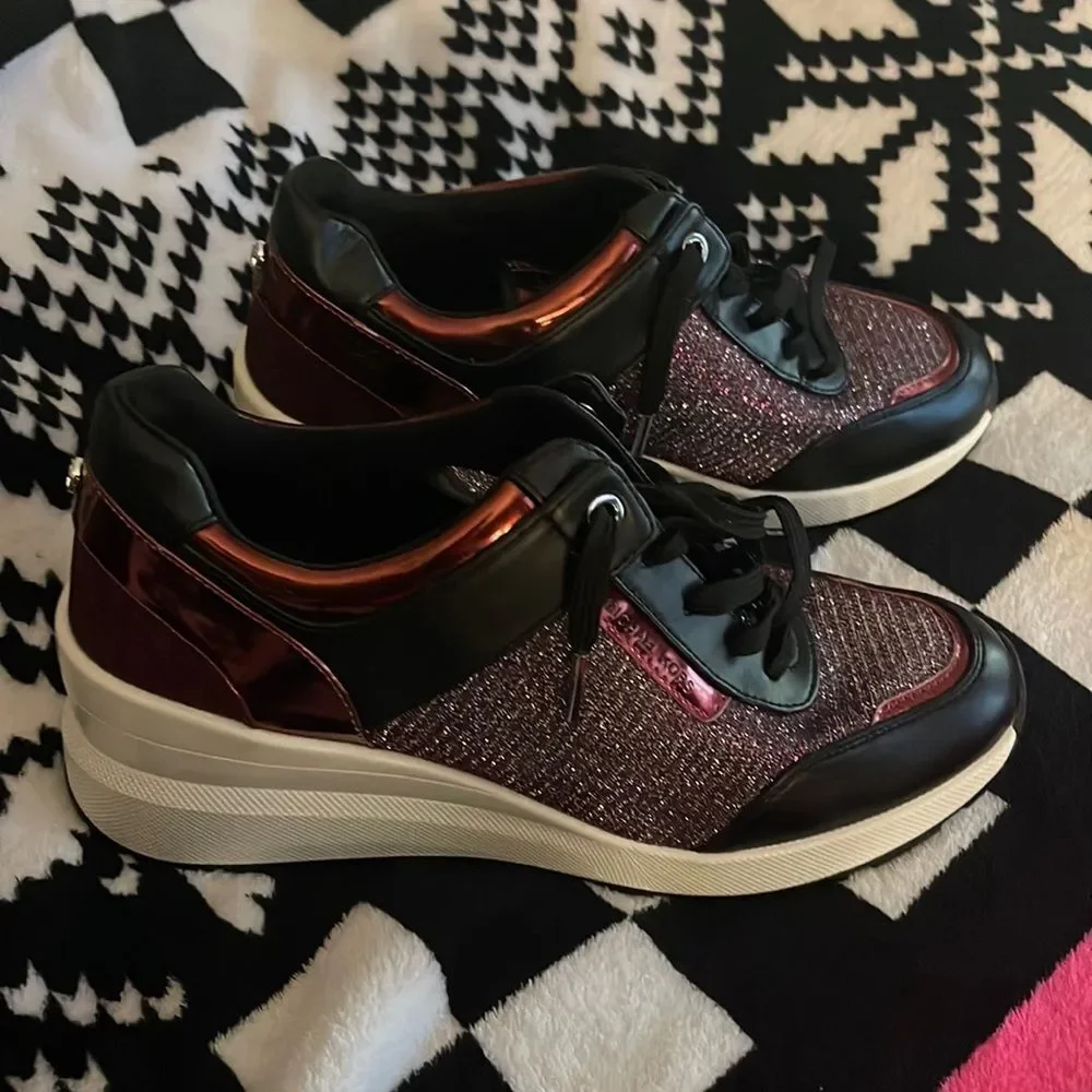Michael kors georgie wedge trainers /sneakers black pink red glitter bling